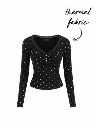 Thermal Cotton-blend V-neck Long Sleeve Lace Trim Ruched Tee