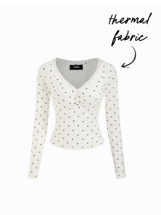 Thermal Cotton-blend V-neck Long Sleeve Lace Trim Ruched Tee