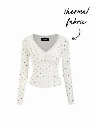 Thermal Cotton-blend V-neck Long Sleeve Lace Trim Ruched Tee