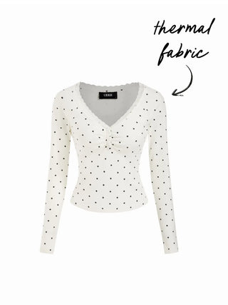 Thermal Cotton-blend V-neck Long Sleeve Lace Trim Ruched Tee