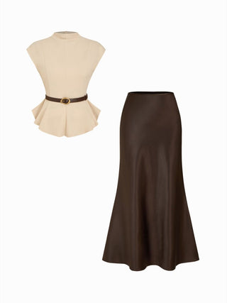 Stand Collar Cinched Waist Top With Belt & Zipper Mermaid Maxi Skirt Set