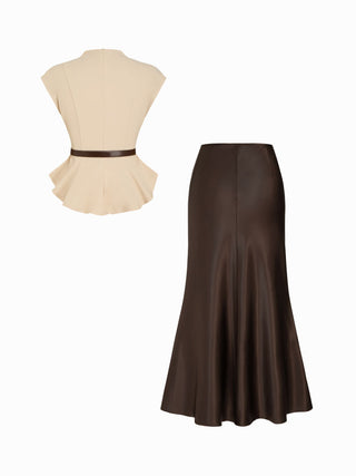 Stand Collar Cinched Waist Top With Belt & Zipper Mermaid Maxi Skirt Set