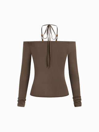 Halter Neckline Beaded Draped Long Sleeve Top