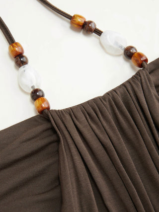 Halter Neckline Beaded Draped Long Sleeve Top