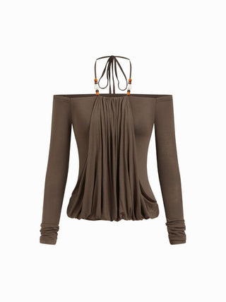 Halter Neckline Beaded Draped Long Sleeve Top