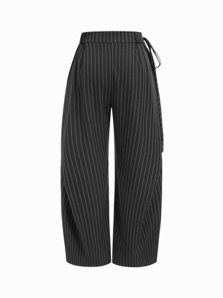 Woven Mid Rise Striped Side Knotted Barrel-leg Trousers For Work