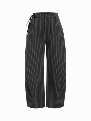 Woven Mid Rise Striped Side Knotted Barrel-leg Trousers For Work