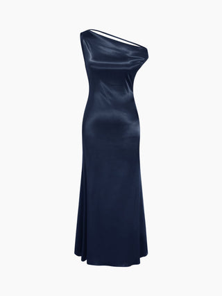 Satin Asymmetrical Neck Backless Maxi Dress