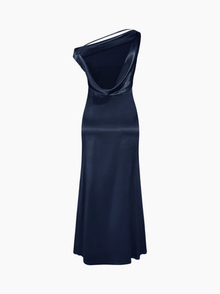 Satin Asymmetrical Neck Backless Maxi Dress