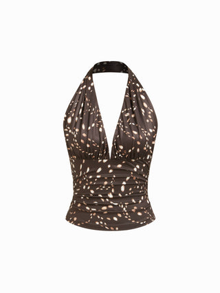 Cotton-blend Halter Cowl Neck Polka Dot Ruched Top