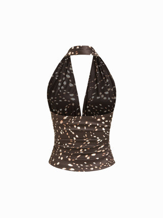 Cotton-blend Halter Cowl Neck Polka Dot Ruched Top