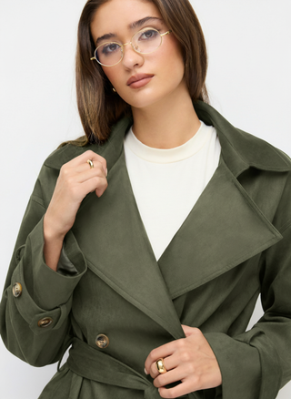 Suede Collar Double Breasted Trench Coat With Belt