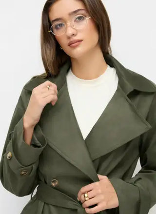 Suede Collar Double Breasted Trench Coat With Belt
