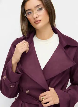 Suede Collar Double Breasted Trench Coat With Belt