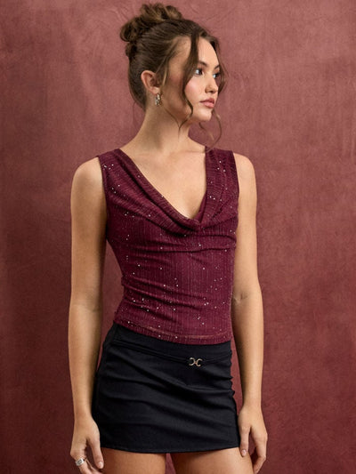 Cowl Neck Ruched Tank Top With Rhinestone
