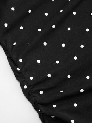 Cotton-blend Boat Neck Polka Dot Bowknot Midi Dress