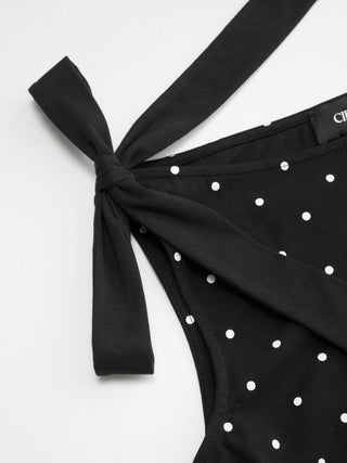 Cotton-blend Boat Neck Polka Dot Bowknot Midi Dress