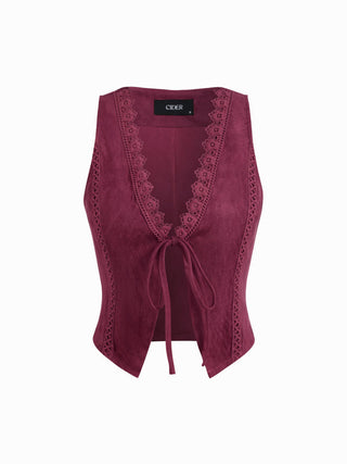 Suede V-Neck Lace Trim Waistcoat