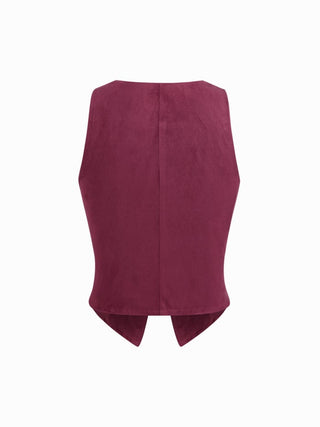Suede V-Neck Lace Trim Waistcoat
