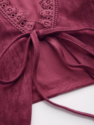 Suede V-Neck Lace Trim Waistcoat
