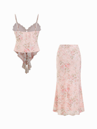Floral Lace Trim Tie Front Cami Top & Mid Rise Bodycon Maxi Skirt Set