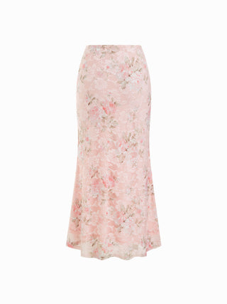 Floral Lace Trim Tie Front Cami Top & Mid Rise Bodycon Maxi Skirt Set
