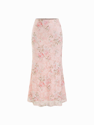 Floral Lace Trim Tie Front Cami Top & Mid Rise Bodycon Maxi Skirt Set