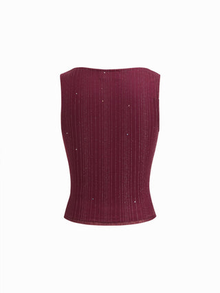 Cowl Neck Ruched Tank Top With Rhinestone