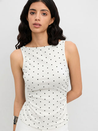 Cotton-blend Boat Neck Knotted Polka Dot Ruched Tank Top