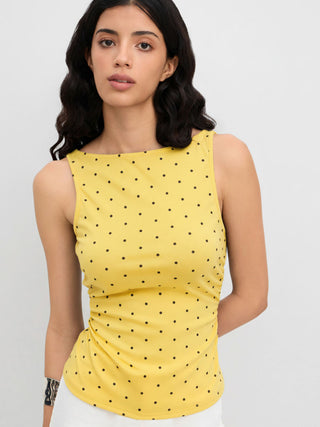 Cotton-blend Boat Neck Knotted Polka Dot Ruched Tank Top