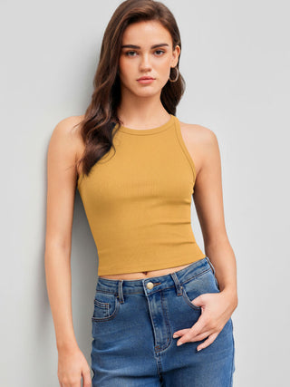 Cotton-blend Round Neckline Solid Tank Top