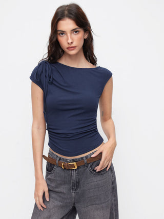 Asymmetrical Neck Bowknot Cinched Waist Ruched Tee