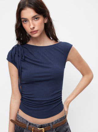 Asymmetrical Neck Bowknot Cinched Waist Ruched Tee