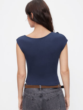 Asymmetrical Neck Bowknot Cinched Waist Ruched Tee