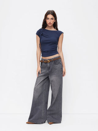 Asymmetrical Neck Bowknot Cinched Waist Ruched Tee