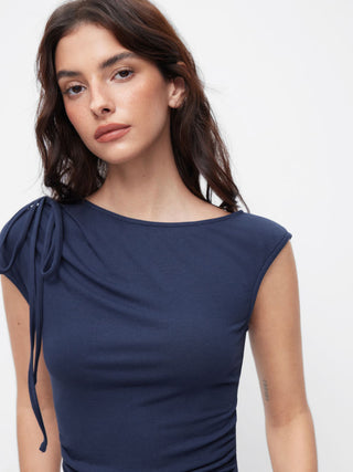 Asymmetrical Neck Bowknot Cinched Waist Ruched Tee