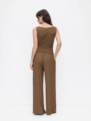 Texture Boat Neck Asymmetrical Hem Top & Mid Rise Straight Leg Trousers Set