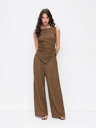Texture Boat Neck Asymmetrical Hem Top & Mid Rise Straight Leg Trousers Set