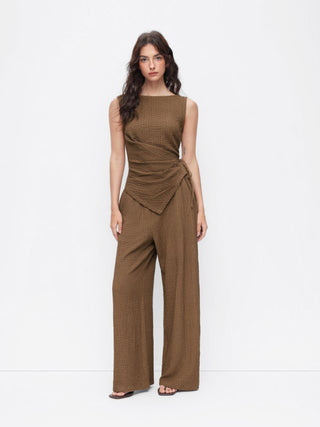 Texture Boat Neck Asymmetrical Hem Top & Mid Rise Straight Leg Trousers Set