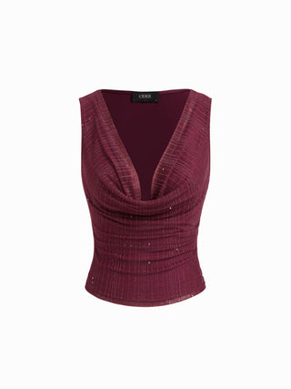 Cowl Neck Ruched Tank Top With Rhinestone