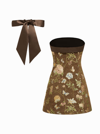 Jacquard Floral Bandeau A-line Mini Dress With Bowknot Scarf