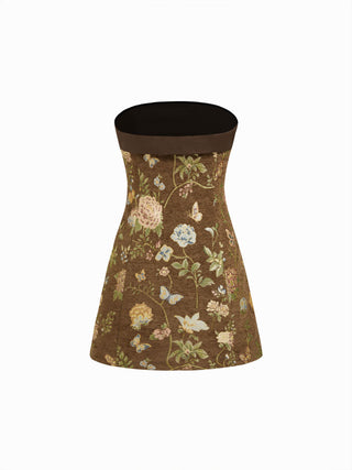 Jacquard Floral Bandeau A-line Mini Dress With Bowknot Scarf