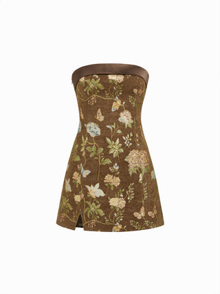 Jacquard Floral Bandeau A-line Mini Dress With Bowknot Scarf