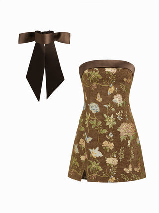 Jacquard Floral Bandeau A-line Mini Dress With Bowknot Scarf