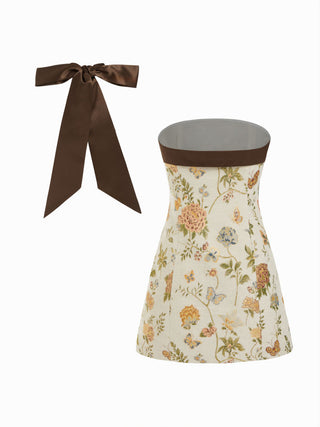 Jacquard Floral Bandeau A-line Mini Dress With Bowknot Scarf