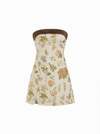 Jacquard Floral Bandeau A-line Mini Dress With Bowknot Scarf