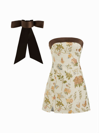 Jacquard Floral Bandeau A-line Mini Dress With Bowknot Scarf