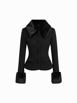 Wool-look Collar Faux Fur Trim Long Sleeve Button Jacket