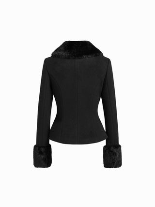 Wool-look Collar Faux Fur Trim Long Sleeve Button Jacket