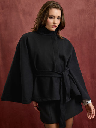Wool-look Stand Collar Cloak Sleeve Oversized Jacket With Belt